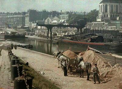Animals Digital Art - Horses and workers on a riverbank. 1923 by Jules Gervais-Courtellemont by Celestial Images