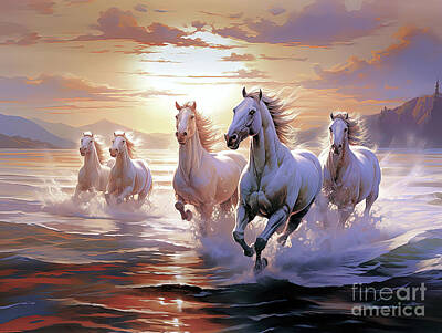 Winter Animals Rights Managed Images - Horses running Free in the Ocean  Royalty-Free Image by Elaine Manley
