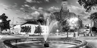 Politicians Photos - Hot Springs Arkansas Skyline and Fountain Panorama - Black and White by Gregory Ballos