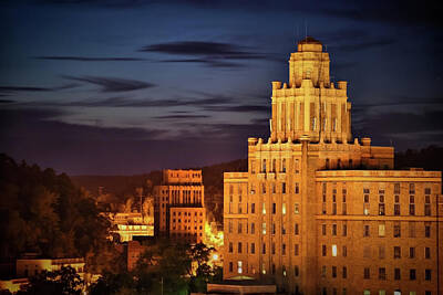 Whimsical Animal Illustrations - Hot Springs Arkansas Skyline and Old Army Navy Hospital at Dusk by Gregory Ballos