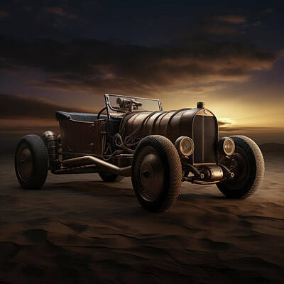 Steampunk Digital Art - Hotrod Steampunk Roadster at Sunset in the Wilderness by Yo Pedro