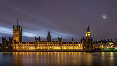 London Skyline Photos - Houses of Parliament Big Ben London Skyline Last Rays of Sun by Henry Tang