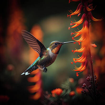 Lilies Royalty-Free and Rights-Managed Images - Hummingbird and Orange Flower by Lily Malor
