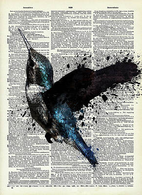 Birds Digital Art Rights Managed Images - Hummingbird in splashes on dictionary page Royalty-Free Image by Mihaela Pater