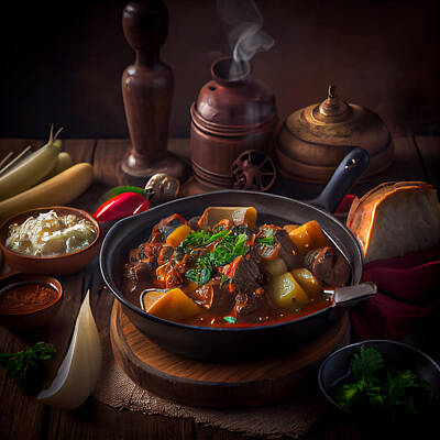 Surrealism Royalty Free Images - hungarian  Meat  Stew  with  potato  few  meat  and  ma by Asar Studios Royalty-Free Image by Celestial Images