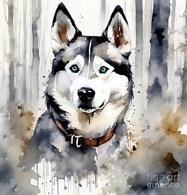 Watercolor Alphabet - Husky Forest White Gray Dog Pets ink Dogs by Rhys Jacobson
