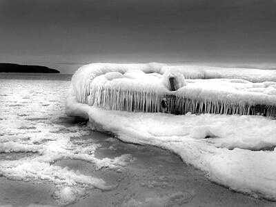 Monochrome Landscapes - Ice-Covered Dock at Gills Rock B W by David T Wilkinson
