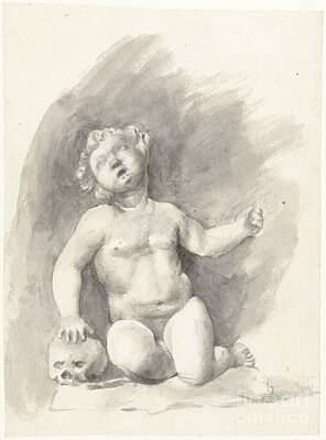 Comics Paintings - Image of naked boy sitting next to a skull, Moses ter Borch, after anonymous, c. 1657 - c. 1658 by Shop Ability