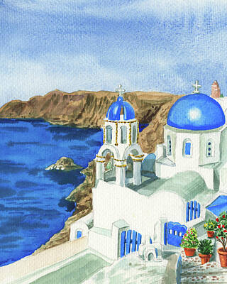City Scenes Paintings - Impressionistic Painting Of Oia Blue Roof Buildings Greece  by Irina Sztukowski