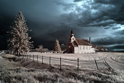 Longhorn Paintings - Big Coulee Lutheran Church in infrared - Ramsey county North Dakota by Peter Herman