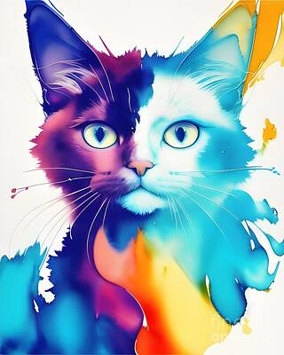 Farmhouse Royalty Free Images - Ink-spired Feline - A Colorful Cat with Multicolor Ink Splashes Royalty-Free Image by Artvizual Premium