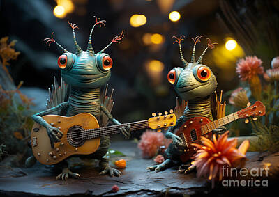 Musicians Digital Art Rights Managed Images - Insects playing guitar on a small island. Royalty-Free Image by Odon Czintos