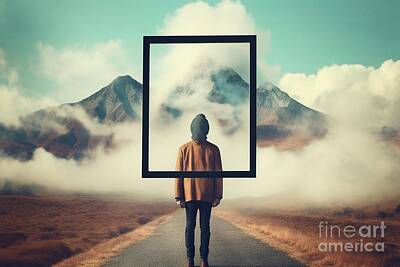 Surrealism Royalty-Free and Rights-Managed Images - Introspective travel concept, a man holds a frame standing on a road between clouds by Joaquin Corbalan