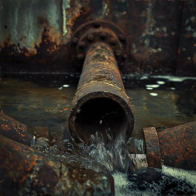 Street Posters Royalty Free Images - Iron Drain Pipes Pouring Clean Water Royalty-Free Image by Yo Pedro