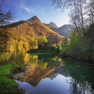 Minimalist Movie Posters - Isola Santa village and lake in autumn foliage. Italy by Stefano Orazzini