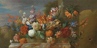 Whimsical Flowers - JACOB BOGDANI EPERJES 1660-1724 LONDON Tulips, peonies and other flowers in a basket on a plinth,  by Artistic Rifki