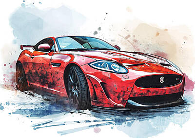 Sports Paintings - Jaguar XKRS GT watercolor abstract vehicle by Clark Leffler