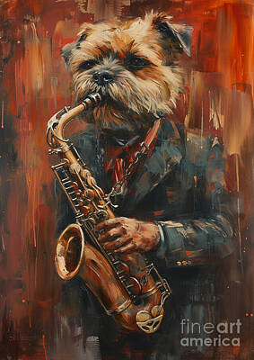 Jazz Royalty Free Images - Jazz Border Terrier Dog With Saxophone - Saxophone Player Border Terrier Dog Lovers Music Royalty-Free Image by Adrien Efren