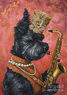 Floral Paintings - Jazz Bouvier Des Flandres Dog With Saxophone - Saxophone Player Bouvier Des Flandres Dog Lovers Music by Adrien Efren