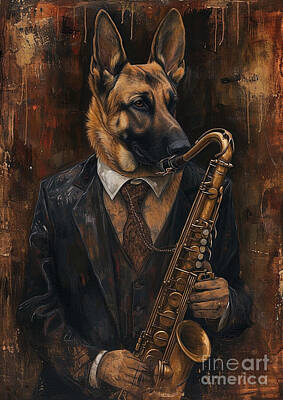 Jazz Royalty Free Images - Jazz German Shepherd Dog With Saxophone - Saxophone Player German Shepherd Dog Lovers Music Royalty-Free Image by Adrien Efren
