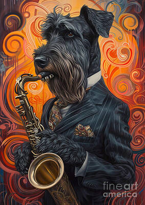 Celebrities Paintings - Jazz Giant Schnauzer Dog With Saxophone - Saxophone Player Giant Schnauzer Dog Lovers Music by Adrien Efren