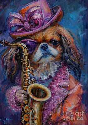 Musician Paintings - Jazz Pekingese Dog With Saxophone - Saxophone Player Pekingese Dog Lovers Music by Adrien Efren