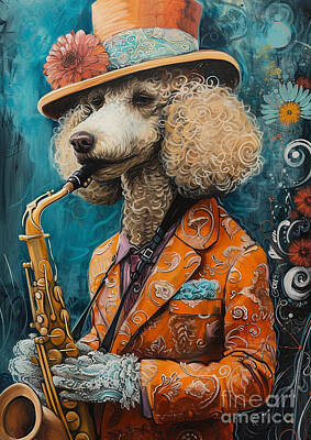 Floral Royalty Free Images - Jazz Poodle Dog With Saxophone - Saxophone Player Poodle Dog Lovers Music Royalty-Free Image by Adrien Efren