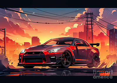 City Scenes Drawings - JDM car Nissan Skyline GT-R 3 by Destiney Sullivan
