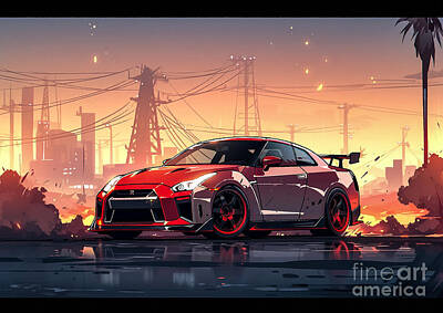 City Scenes Drawings - JDM car Nissan Skyline GT-R by Destiney Sullivan