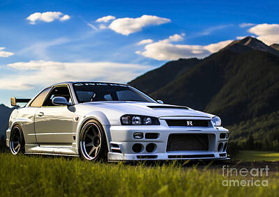 Skylines Drawings - JDM Nissan Skyline R33 GT-R V-Spec Iconic Style Amidst Natural Majesty by Lowell Harann