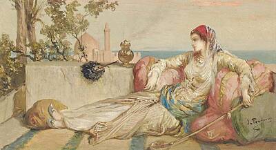 Champagne Corks Rights Managed Images - Jean Francois Portaels Odalisque on the terrace at dusk Royalty-Free Image by Artistic Rifki