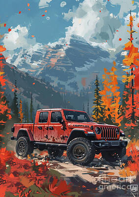 Mountain Digital Art - Jeep Gladiator with a mountain trail background car lovers gift, fathers day gift, gift for him by Destiney Sullivan