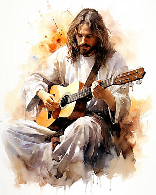 The Playroom - Jesus Plays The Guitar Watercolor Illustration N3058 by Edit Voros