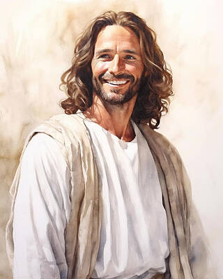 Recently Sold - Portraits Royalty-Free and Rights-Managed Images - Jesus Smiles At Us Portrait Watercolor Illustration N3027 by Edit Voros