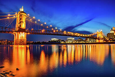 Football Royalty-Free and Rights-Managed Images - John A. Roebling Bridge On The Ohio River - Cincinnati by Gregory Ballos