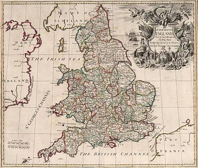 Food And Beverage Paintings - John Senex - New Map of England 1721 by Padre Martini by Padre Martini