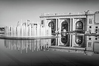 Football Royalty Free Images - Kansas City Fountain and Union Station With Chiefs Banners - Black and White Royalty-Free Image by Gregory Ballos