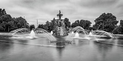Royalty-Free and Rights-Managed Images - Kansas City Meyer Circle Sea Horse Fountain Black and White Panorama by Gregory Ballos