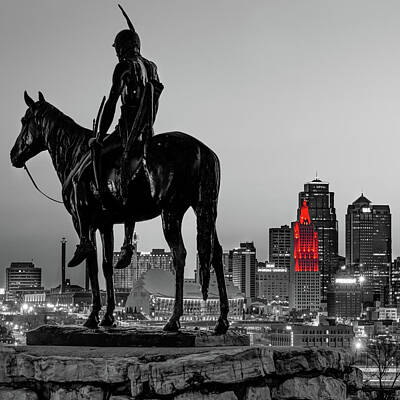 Railroad - Kansas City Scout Statue And Red Splash Skyline - Selective Color 1x1 by Gregory Ballos