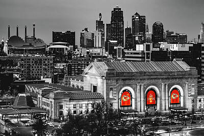 Football Royalty Free Images - Kansas City Skyline and Chiefs World Champions Banners Royalty-Free Image by Gregory Ballos