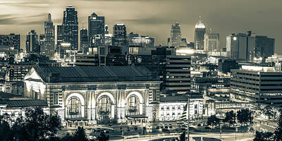 City Scenes Royalty-Free and Rights-Managed Images - Kansas City Skyline over Union Station Sepia Panorama by Gregory Ballos
