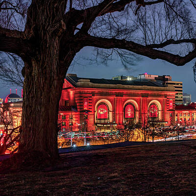 Football Royalty Free Images - Kansas City Team Spirit - Union Station in Red and Gold Royalty-Free Image by Gregory Ballos