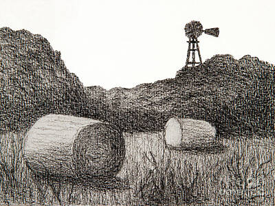Landscapes Drawings - Kansas windmill and hay by Garry McMichael