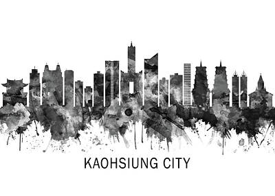 City Scenes Mixed Media - Kaohsiung City Taiwan Skyline BW by NextWay Art