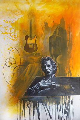 Music Paintings - Keith Richards of Rolling Stones His Guitar and ladies by Michael Andrew Law Cheuk Yui