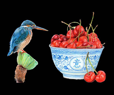 Food And Beverage Digital Art - Kingfisher and cherries by Andreaa Liew
