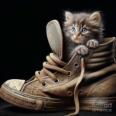 Animals Digital Art Rights Managed Images - Kitten In A Sneaker Royalty-Free Image by Maria Dryfhout