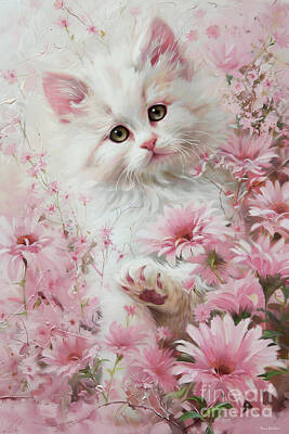Mammals Paintings - Kitten In The Pink Daises by Tina LeCour