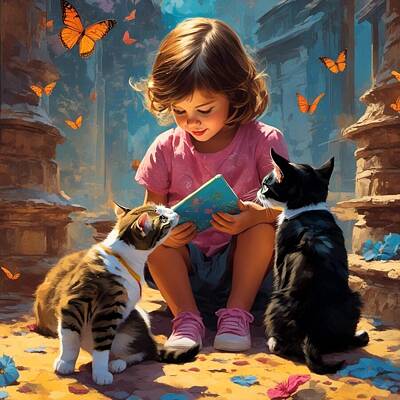 Mammals Digital Art - Kittens Enjoy Storytime With Little Girl by James Cousineau