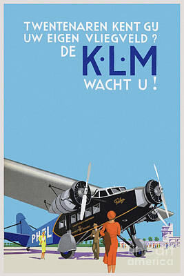 Drawings Rights Managed Images - KLM Netherlands Vintage Poster 1930s Royalty-Free Image by Vintage Treasure